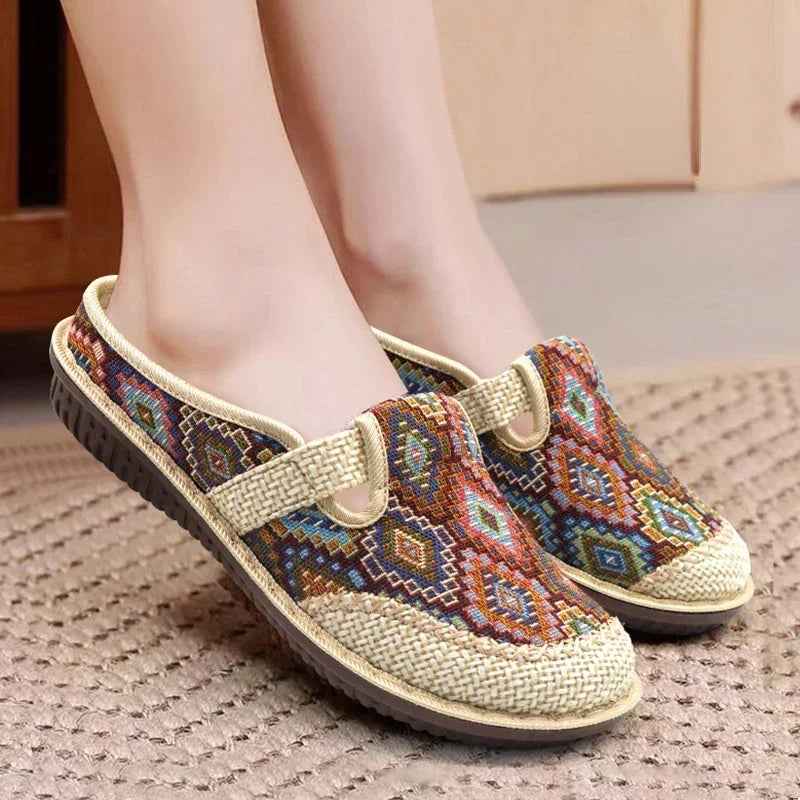 2024 Fashion Women’s Ethnic Embroidered Linen Shoes – Breathable Casual Outdoor Slippers