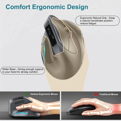 Lefon Bluetooth Vertical Mouse - Wireless Ergonomic Mice with OLED Screen & RGB, USB Optical Rechargeable Mouse for PC Laptop Gaming