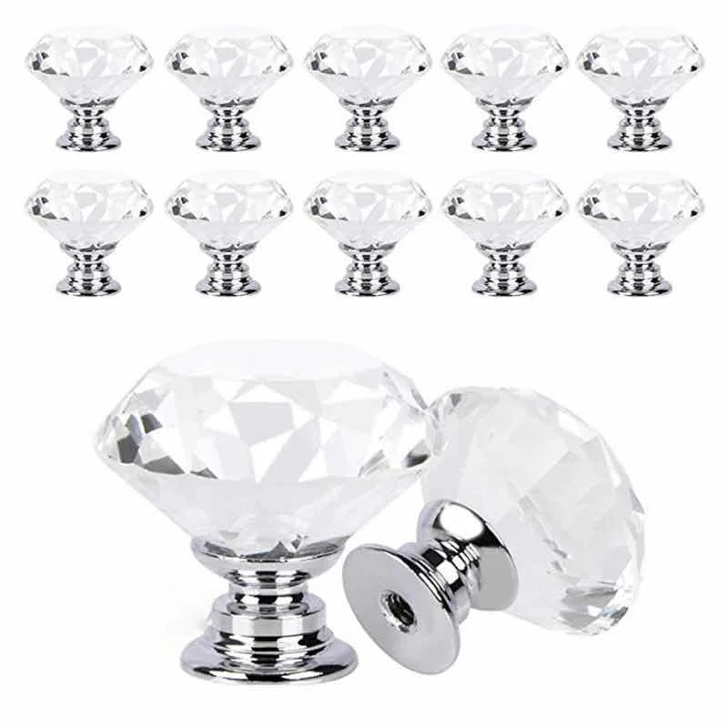 10Pcs/set 30mm Diamond Shape Crystal Glass Knobs - Cupboard Drawer Pull Kitchen Cabinet Door Wardrobe Handles Hardware