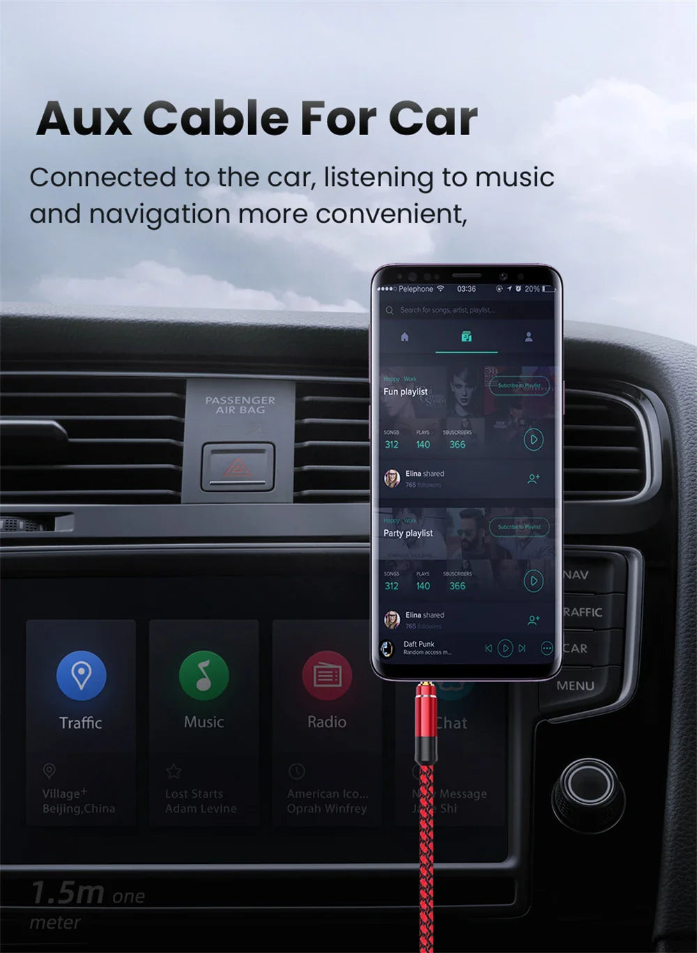 NNBILI 1.5M 3.5mm Audio Cable - Nylon Braid AUX Cable for Phone, MP3, Car Headset & Speaker Extension