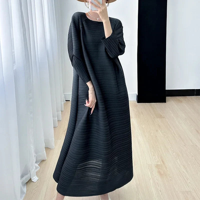 2023 Women's Miyake Pleated Long Dress – Full Sleeve, Round Neck, Korean Fashion, Plus Size Summer Style