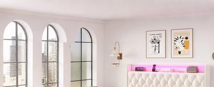 Floating Queen Size Bed Frame – Modern Upholstered Platform Bed with LED Lights, USB Charging Headboard & Velvet Fabric