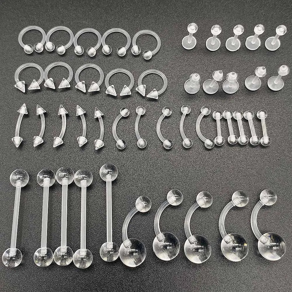 10/60PCS Clear Acrylic Body Jewelry – Transparent Lip, Ear, Nose, Tongue, Eyebrow & Belly Rings