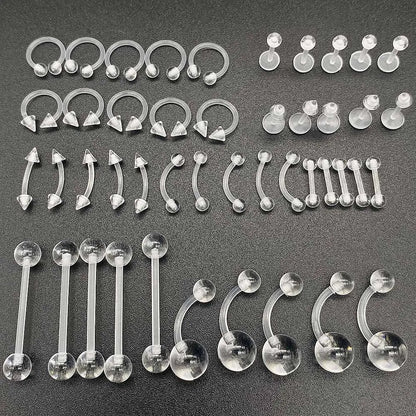 10/60PCS Clear Acrylic Body Jewelry – Transparent Lip, Ear, Nose, Tongue, Eyebrow & Belly Rings