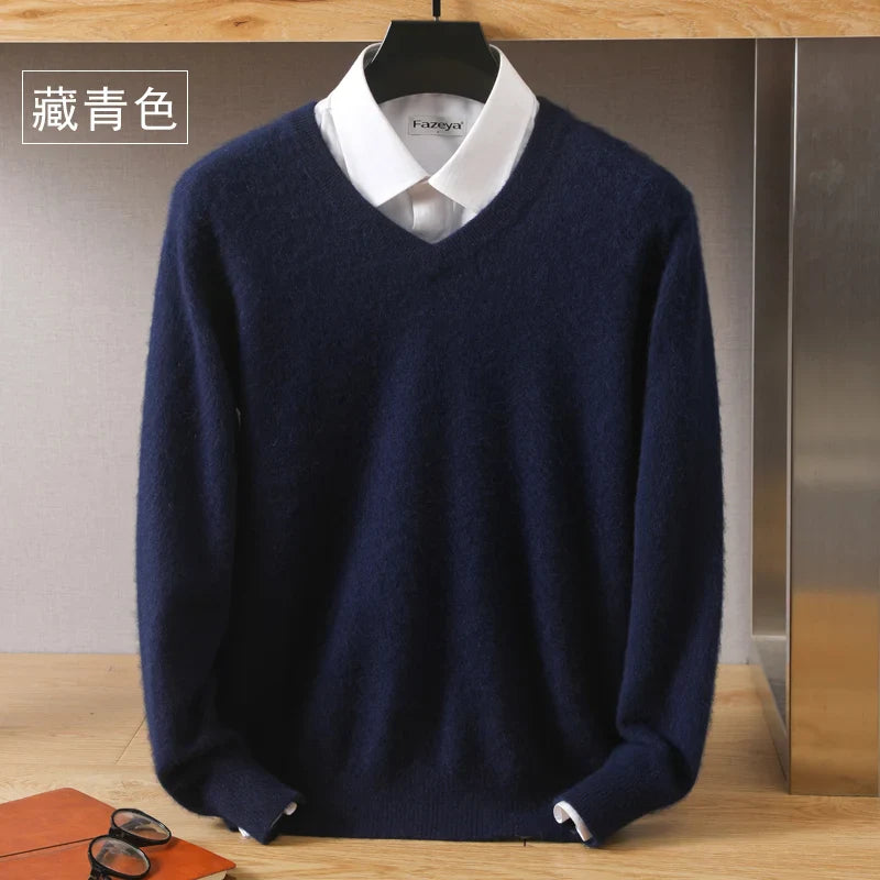 Men’s 100% Pure Mink Cashmere Sweater – V-Neck Knit Pullover, Long Sleeve Winter Jumper, Large Size High-End Top