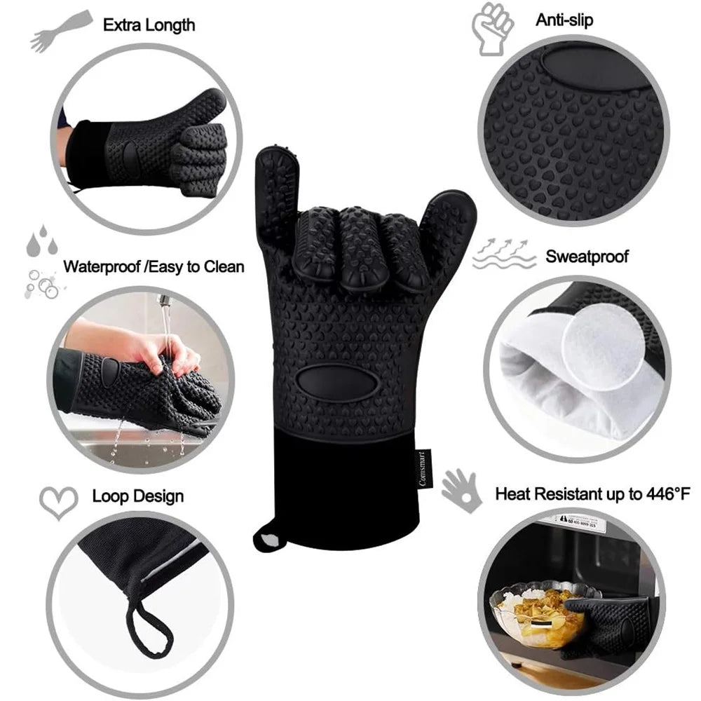Heat-Resistant Silicone Gloves – Non-Slip Oven Mitts for Kitchen, BBQ, Baking & Cooking with Canvas Stitching