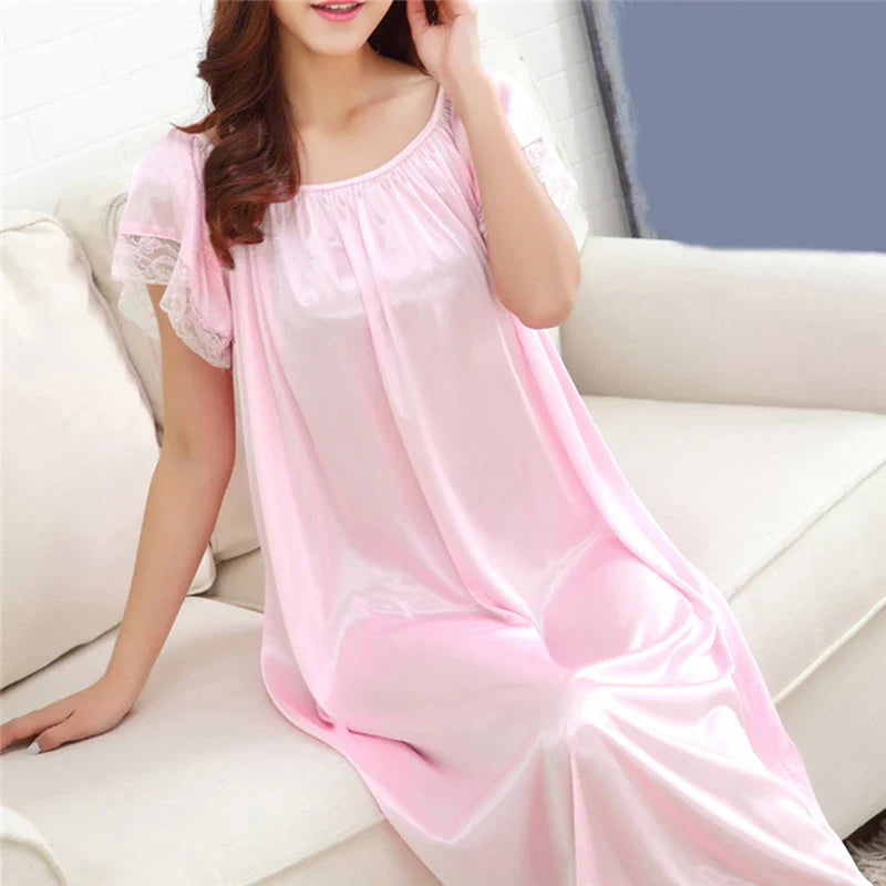 Women’s Lace Patchwork Nightgown – Long Sleepwear Dress for Casual Homewear