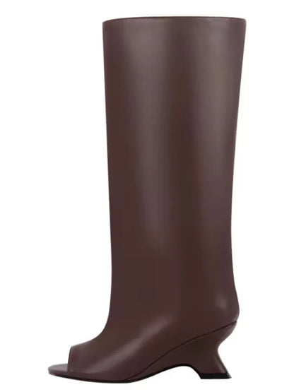 2025 Women’s Fish Mouth Knee-High Boots – Thick Slant Heel Fashion High Heels Spring Summer Large Size