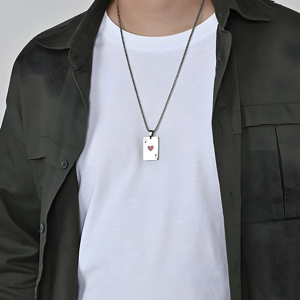 Hip Hop Poker Card Necklace – Stainless Steel Ace of Spades & Hearts Pendant Chain for Men