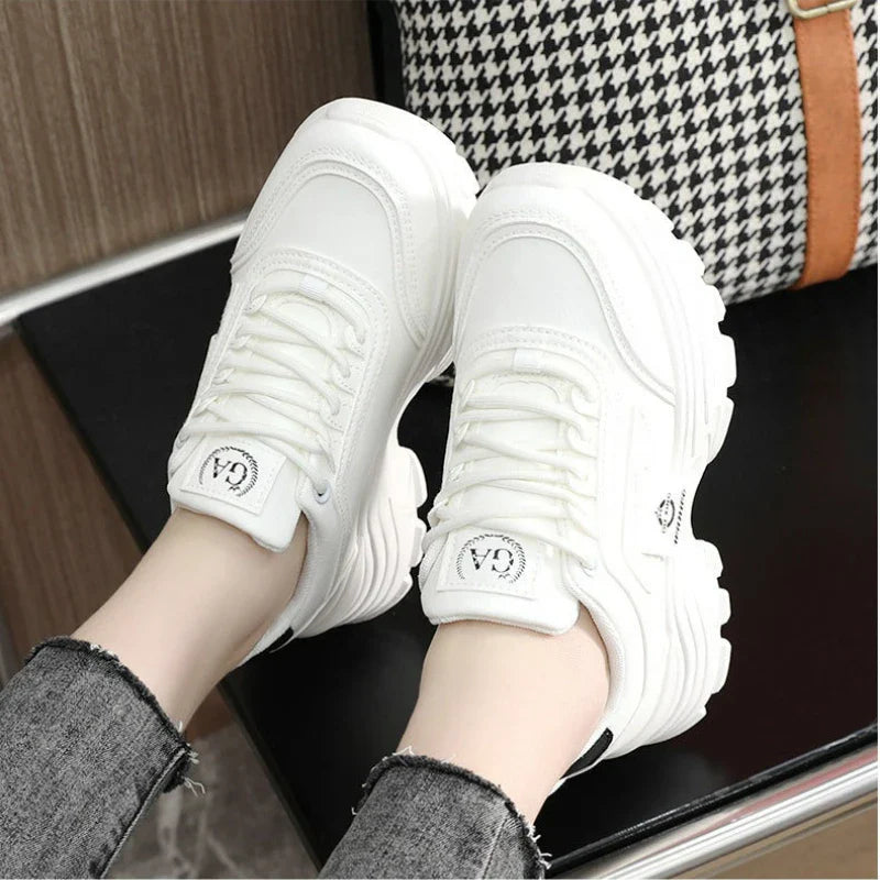 Women’s Leather Sneakers – Height-Increasing Lace-Up Platform Shoes, Casual Outdoor Vulcanized Designer Footwear