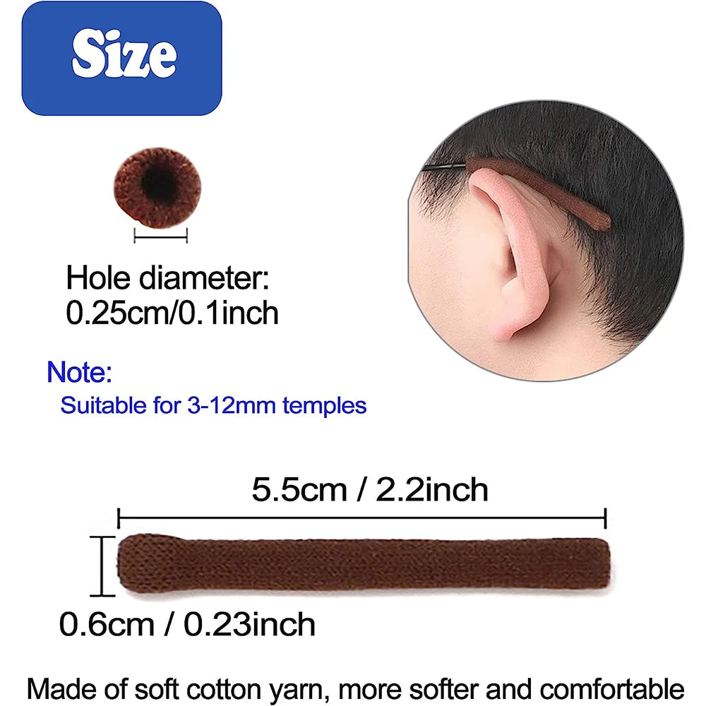 Anti-Slip Eyeglass Temple Tips – Soft Cotton Fabric Cushion Sleeve for Comfortable Frame & Ear Support