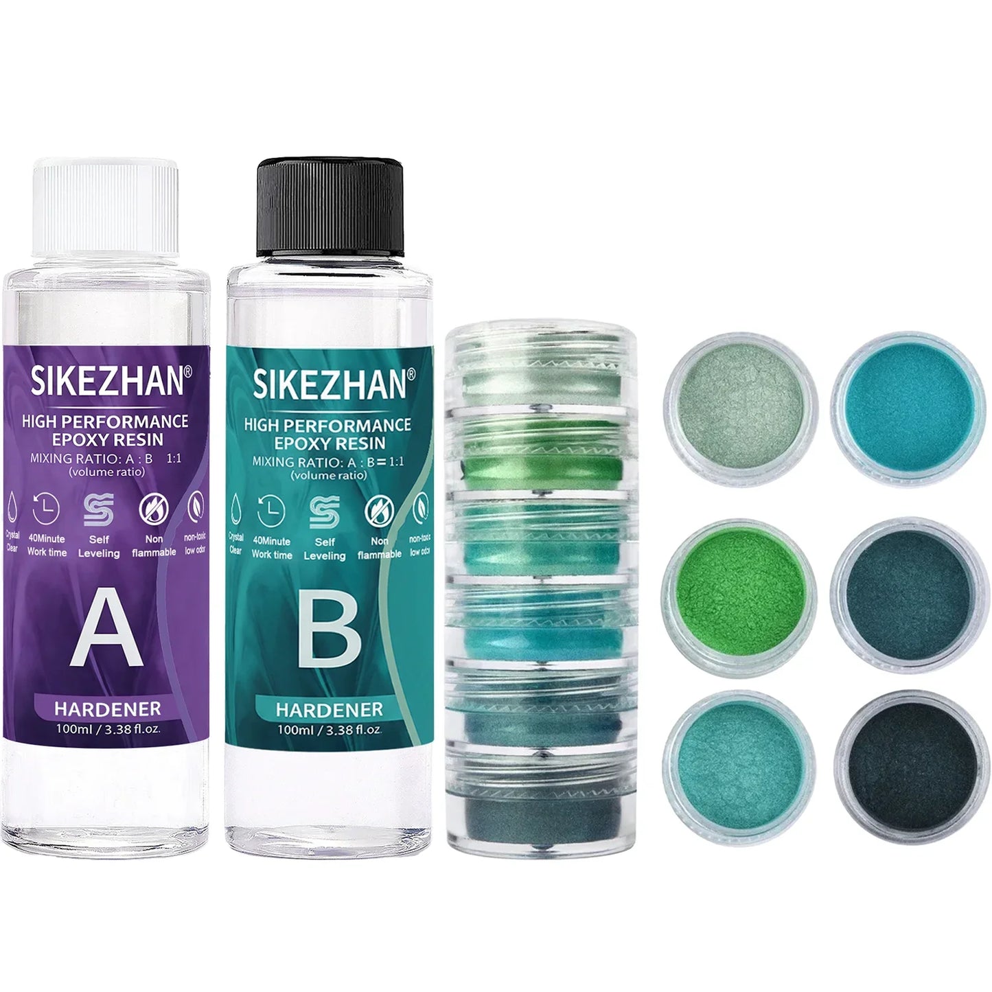 Crystal Clear Epoxy Resin Kit - AB Resin Glue with 6 Color Mica Powder for DIY Jewelry, Nail Art, Soap & Craft Casting