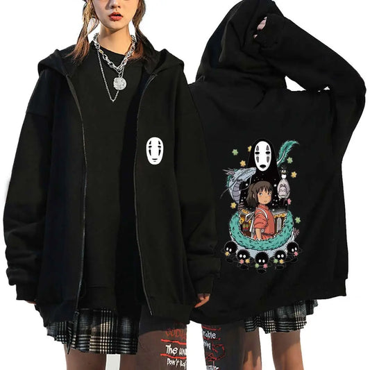 Ghibli No-Face Black Hoodie for Women – Anime Cotton Long Sleeve Streetwear Jacket, Autumn/Winter Cosplay