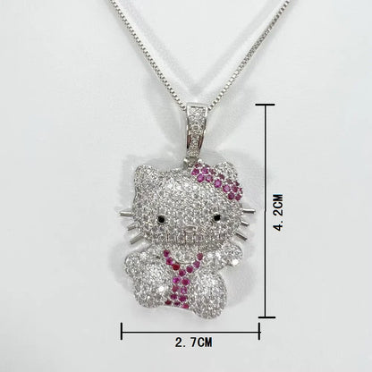 Kawaii Hello Kitty Necklace – Anime Sanrio Hip Hop Diamond Pendant with Cuba Chain, Cute Cartoon Jewelry Gift for Men & Women