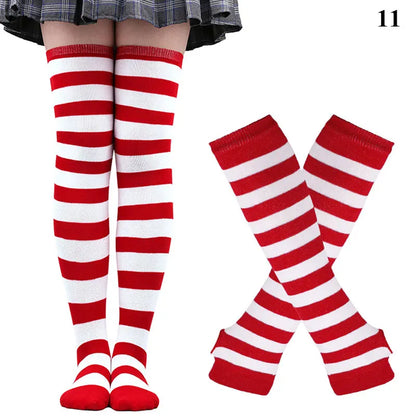 Women’s Over-Knee Long Stripe Socks & Arm Sleeve Gloves – Cute Plus Size Thigh High Cotton Socks