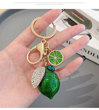 EASYA Vintage Imitation Fruit Charm Keychain – Lemon, Persimmon & Strawberry Glass Pendant, Luxury Jewelry for Women