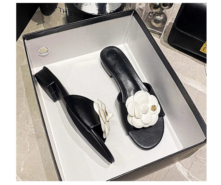 Luxury Women’s Flower Slippers — Camellia Open-Toe Slides for Home & Outdoor, Ladies Flip Flop Sandals