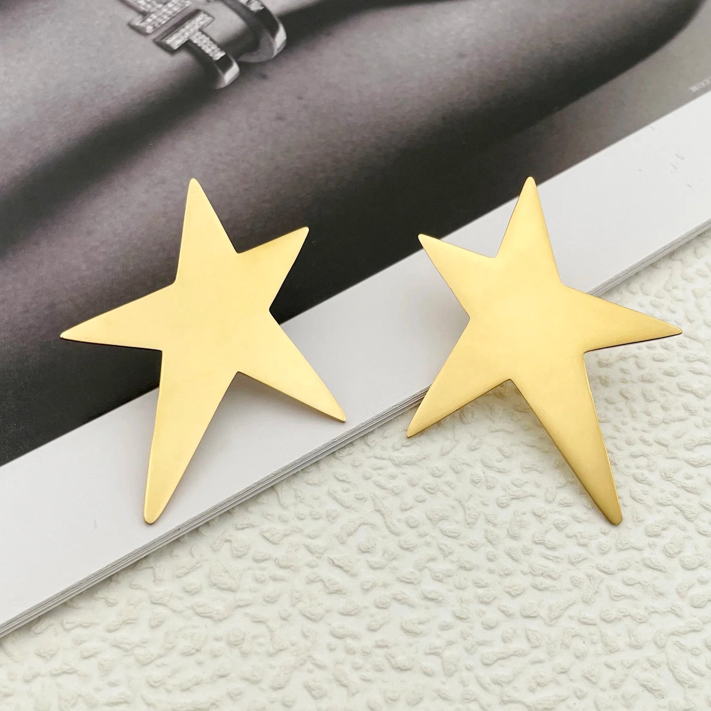 May@RZ Star-Shaped Stainless Steel Stud Earrings — 14K Gold-Plated, Fun Everyday Jewelry for Men & Women