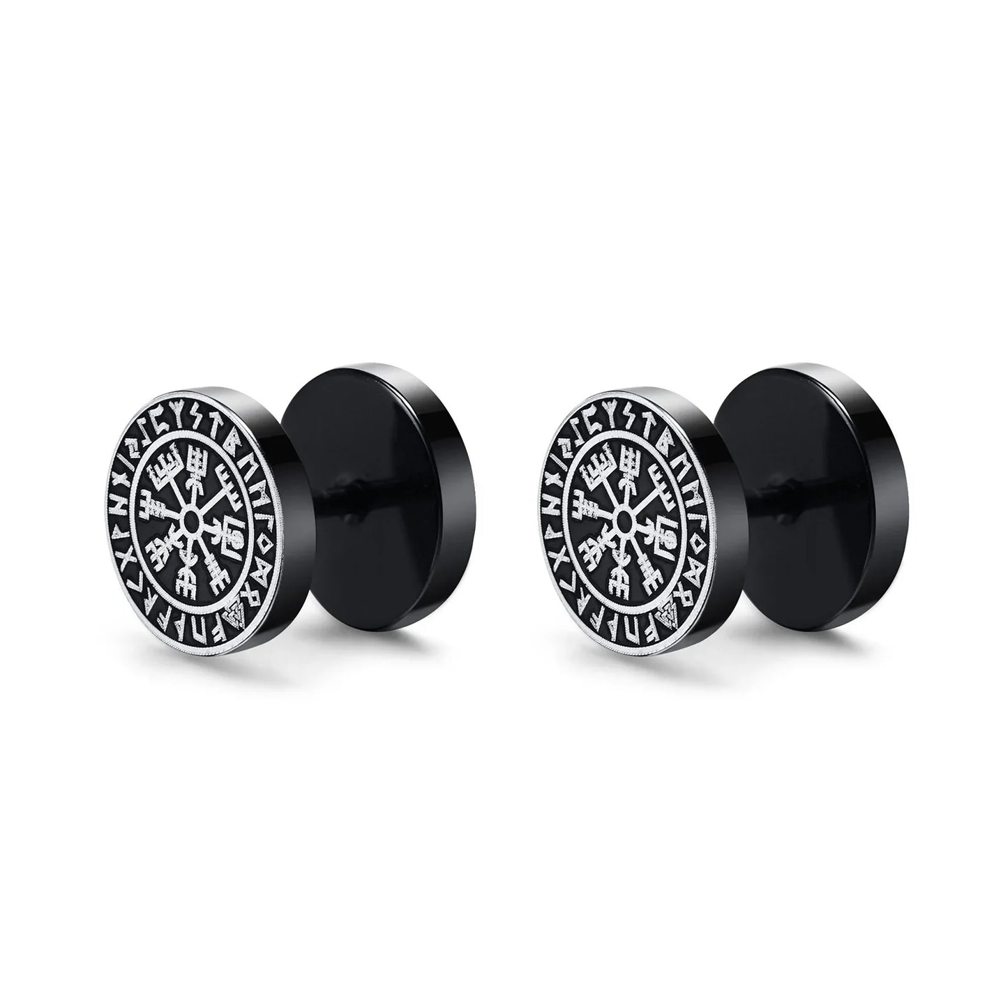 Vnox Men's Viking Black Stud Earrings - Vegvisir & Norse Valknut, Cool Punk Stainless Steel Set