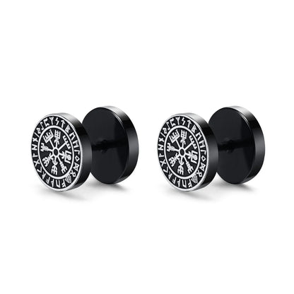 Vnox Men's Viking Black Stud Earrings - Vegvisir & Norse Valknut, Cool Punk Stainless Steel Set