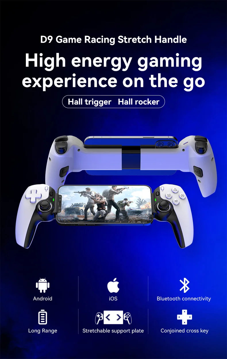BSP-D9 Wireless Bluetooth Mobile Game Controller – Stretch Design for PC, Tablet, Switch, PS3/PS4, Dual Hall Somatosensory Controller
