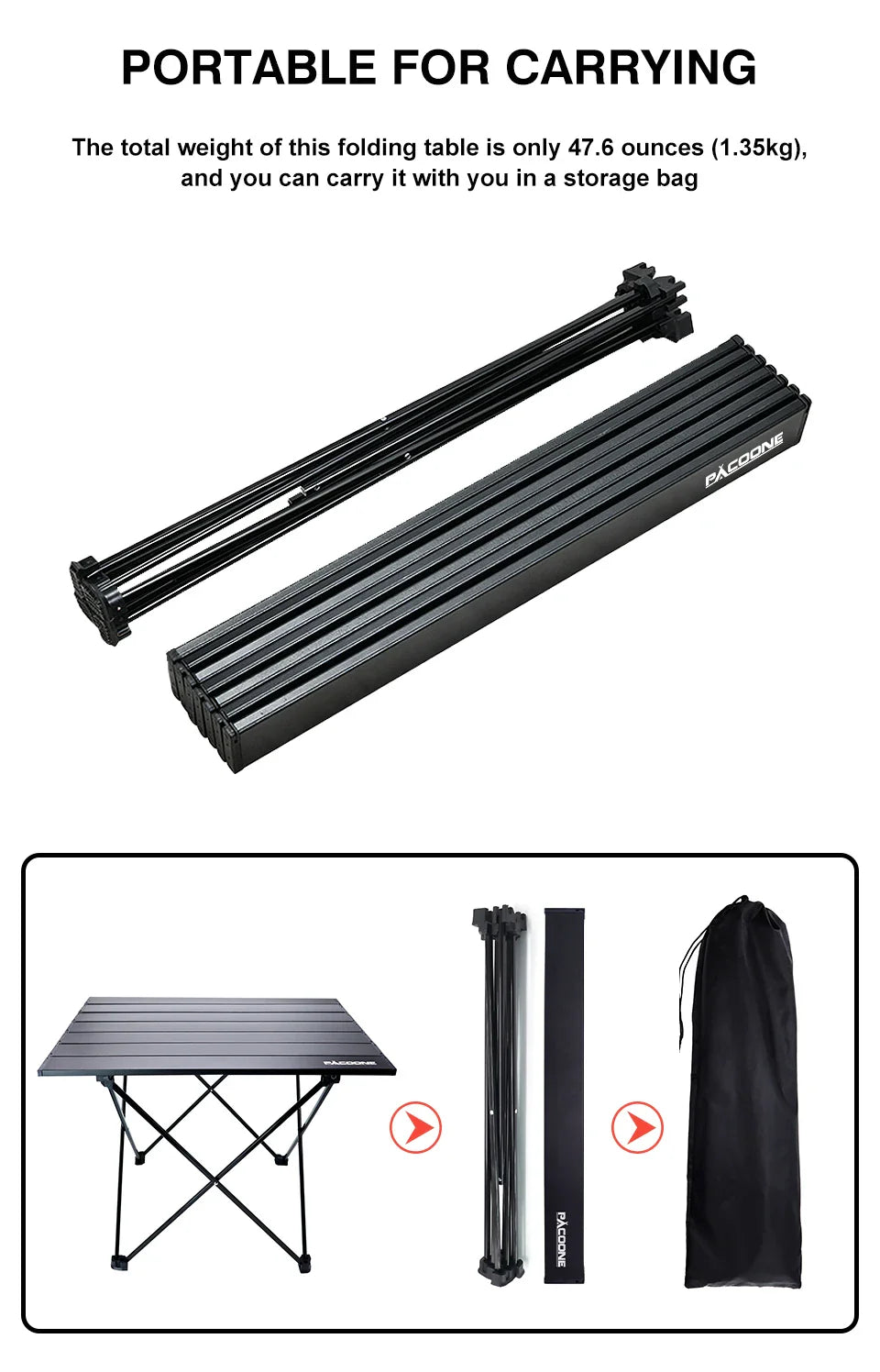 PACOONE Portable Camping Table – Ultralight, Foldable Aluminium Desk for Hiking, BBQ & Picnic