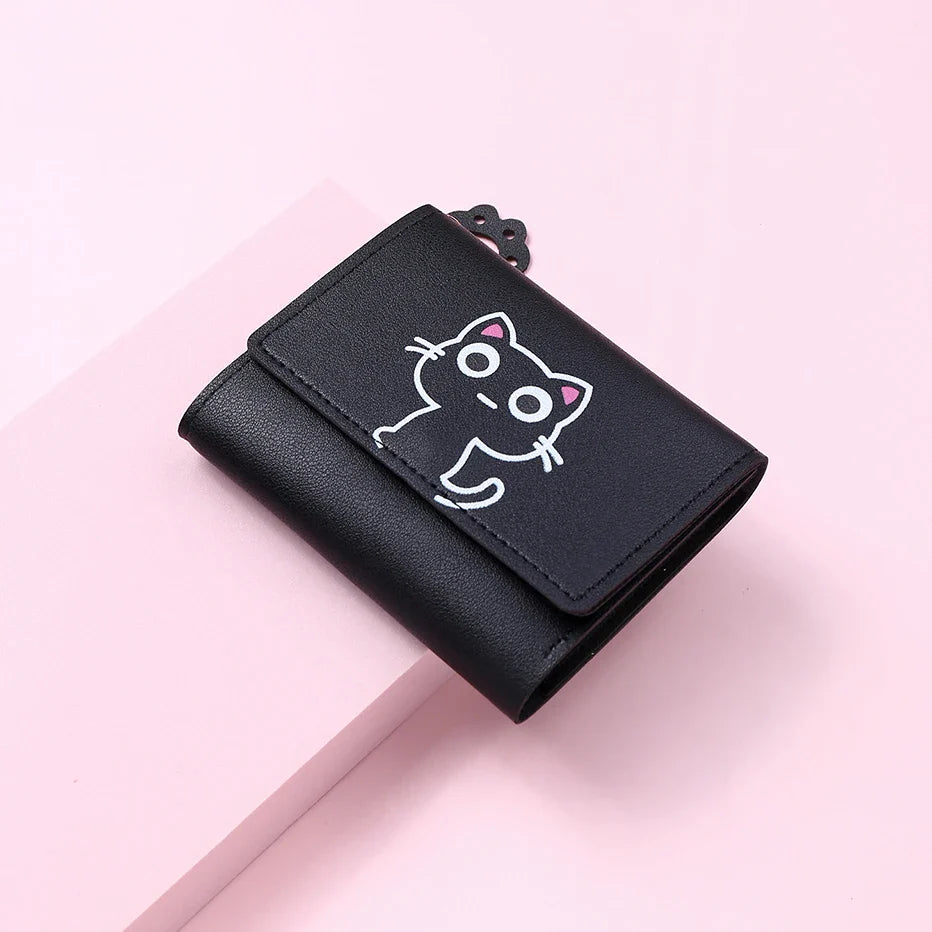 Women’s Cute Cat PU Leather Wallet — Small Short Card Holder Purse with Hasp, Fashion Money Bag for Girls & Gifts