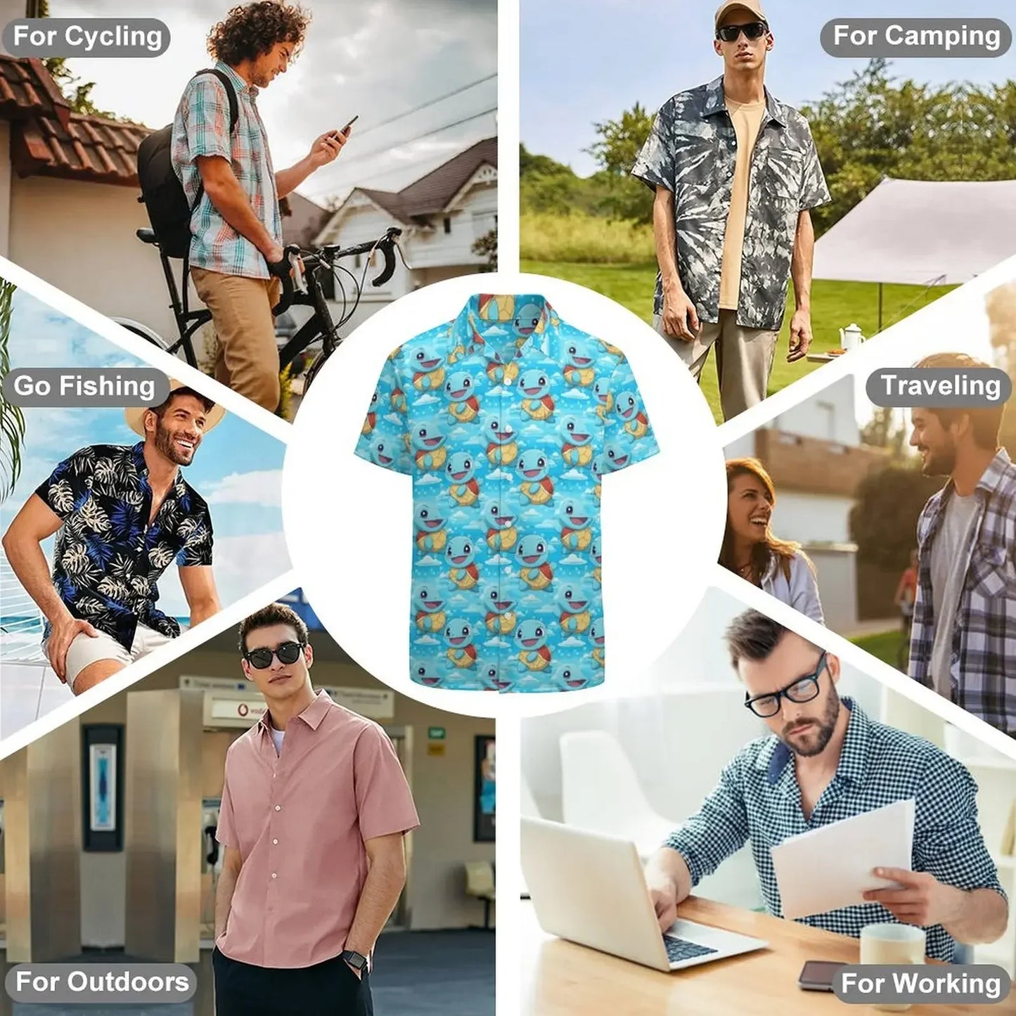 Summer Men's Short Sleeve Shirt – Cute Animal Print, Open Button Lapel, Comfortable Casual Top