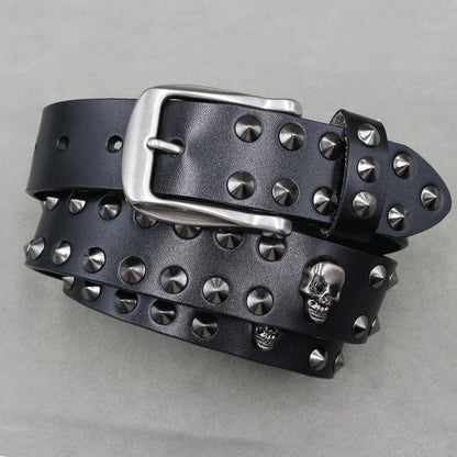 Men’s Designer Rivet Belt – Genuine Cowhide Leather Punk Rock Pin Belt for Jeans, Luxury Black Leather Belt
