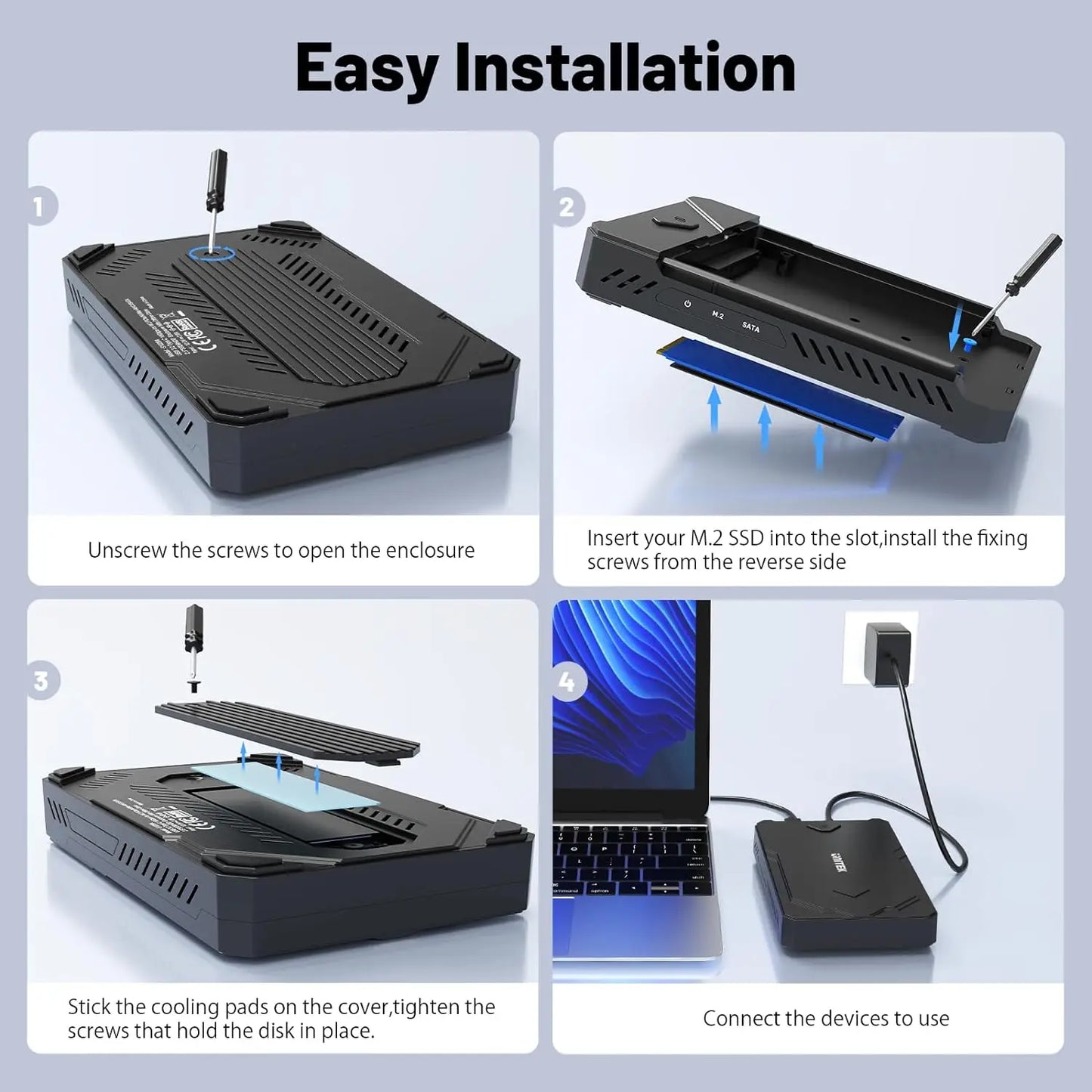Unitek M2 NVMe SSD Enclosure SATA to USB-C 3.2 10Gbps UASP Adapter for 2.5" SSD – M.2 External Drive Case