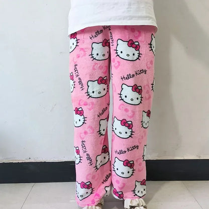 Sanrio Hello Kitty Anime Y2K Pajama Pants for Women - Kawaii Woolen Cartoon Casual Home Pants, Perfect for Halloween and Household Dress