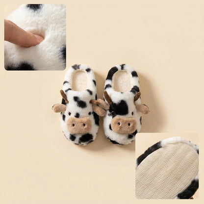 3D Cow Plush Slippers - Cute Fluffy Warm Non-Slip Indoor Home Shoes for Women
