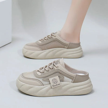 Women’s Mesh Half-Back Shoes 2024 – Thick-Soled, Round Toe Casual Sneakers, Spring Fashion Niche Footwear