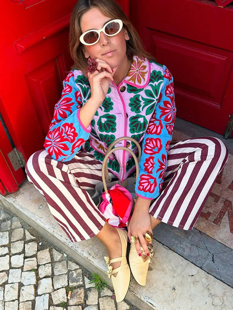 2025 Women’s Printed Quilted Padded Jacket – Collared Cotton Coat with Contrast Piped Pockets, Casual Autumn Outerwear