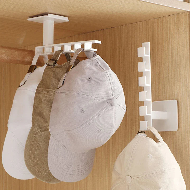 Houseeker 6-Hook Hat Holder — L-Shaped Wall Mount Rack for Baseball Caps & Belts