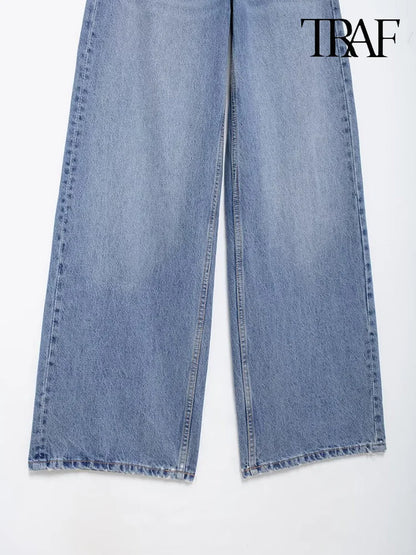TRAF Women’s Basic Hundred Jeans — High Waist Asymmetric Wide-Leg Trousers, Casual Straight-Leg Fashion Jeans