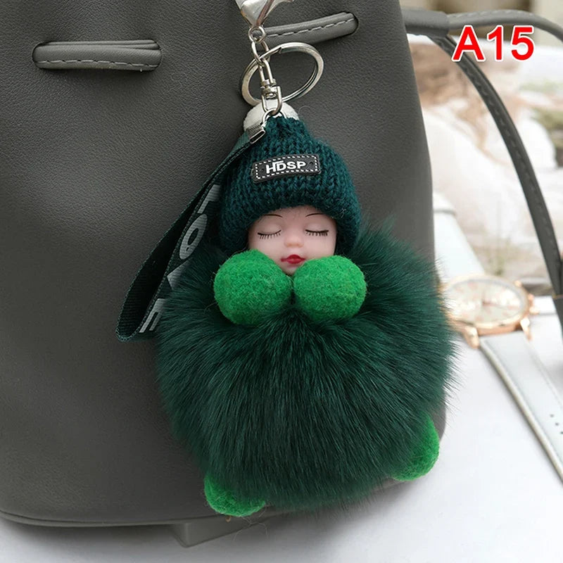 Pompom Sleeping Baby Keychain - Fluffy Plush Doll Keyring for Bags, Cars & Gift Decoration
