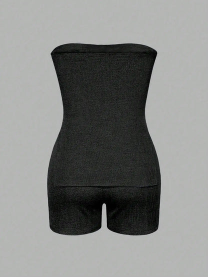 Women’s Ribbed Bandeau Top & Shorts Set – Summer Casual 2-Piece Outfit with Side Slit