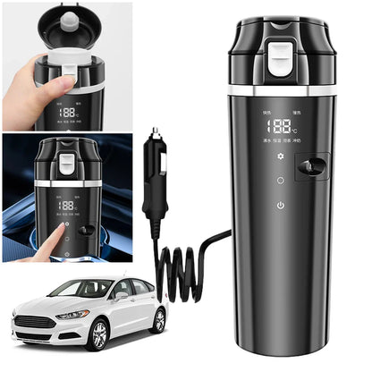 12V/24V Smart Car Heating Cup - Electric Kettle with Temperature Control, Stainless Steel 500ML Heated Smart Mug for Water Warming