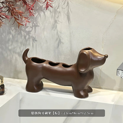 Dachshund Ceramic Toothbrush Holder – Electric Toothbrush Storage Rack and Bathroom Sink Organizer with Toothpaste Holder