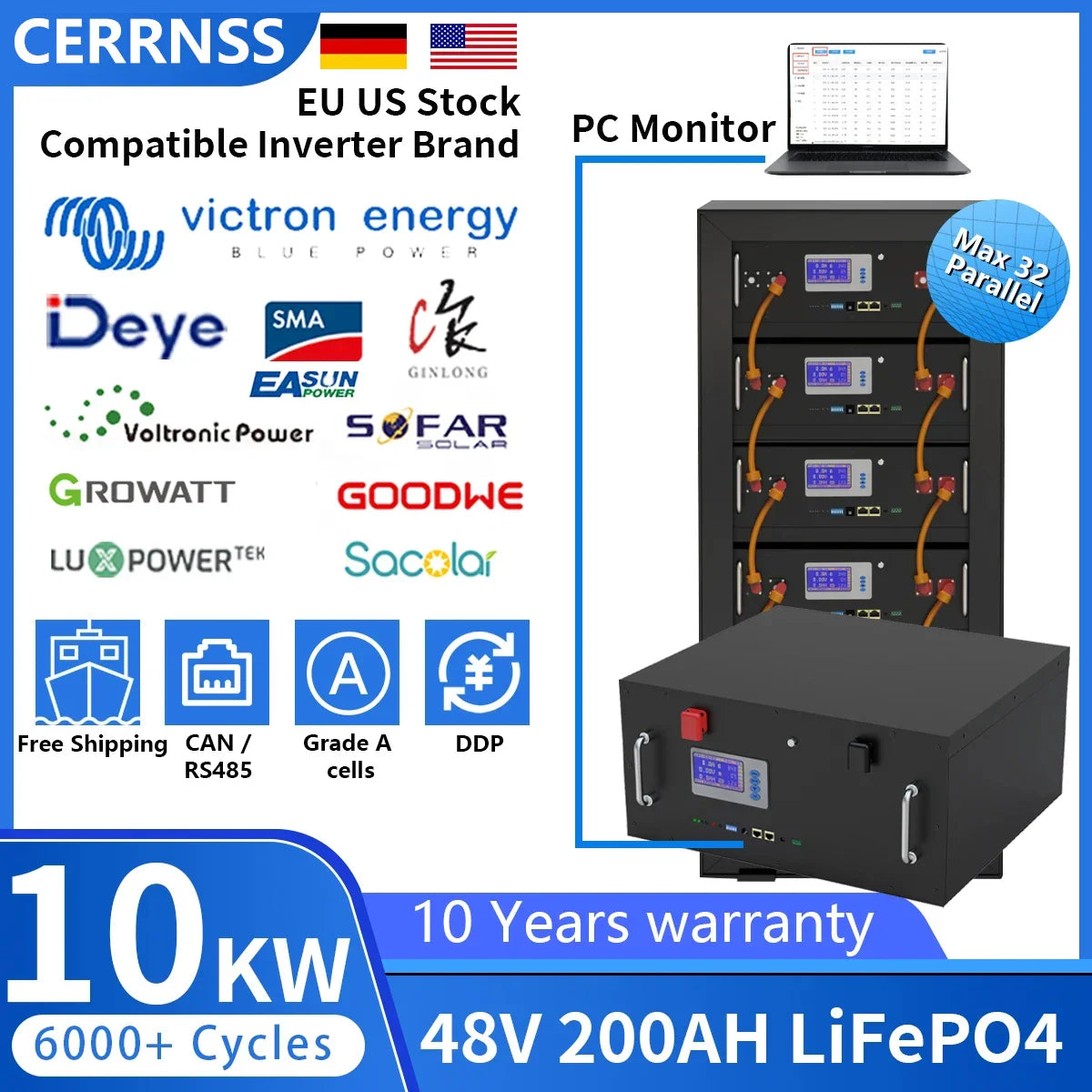 48V LiFePO4 Battery Pack — 100Ah/150Ah/200Ah 51.2V 10KW Rechargeable Lithium Solar Battery with 6000+ Cycles for Home Storage