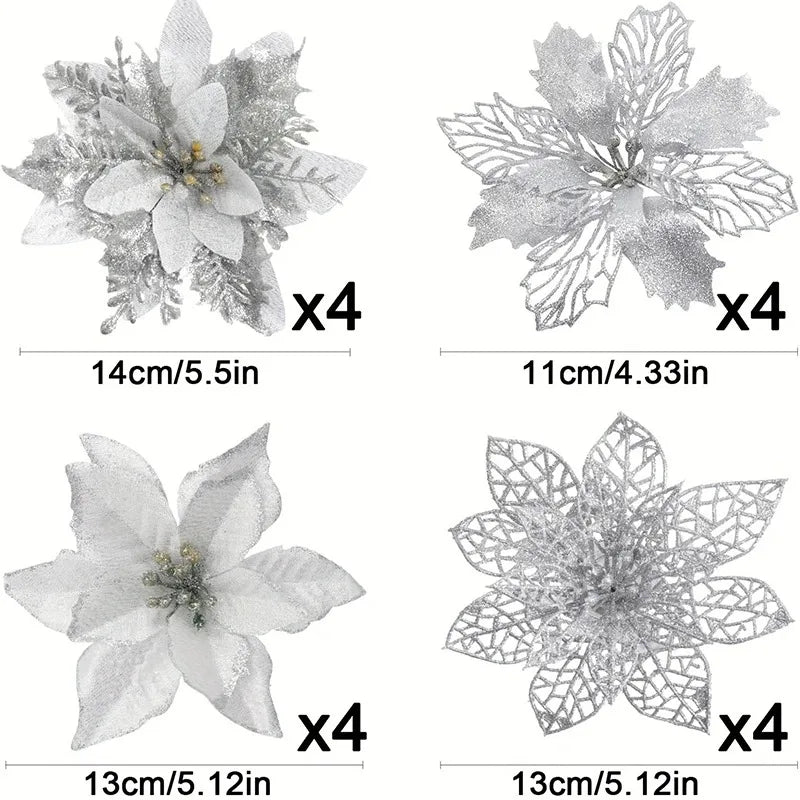 8/16PCS Christmas Decoration Set – Glitter Artificial Flowers for Tree, Home Decor, Xmas Ornaments, and New Year Decoration