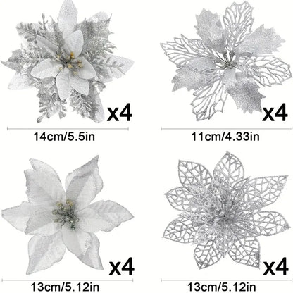 8/16PCS Christmas Decoration Set – Glitter Artificial Flowers for Tree, Home Decor, Xmas Ornaments, and New Year Decoration