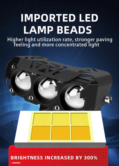 Motorcycle LED Spotlight — Dual-Color Hi/Low Beam Fog Lamp for Cars, Trucks, SUVs & UTVs, 12V/24V Mini Lens Driving Light