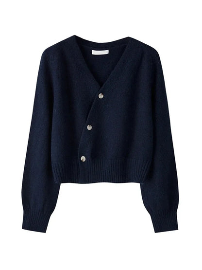 Korean Women's Autumn Winter Knitted Cardigan – Diagonal V-Neck Long Sleeve Single-Breasted Sweater