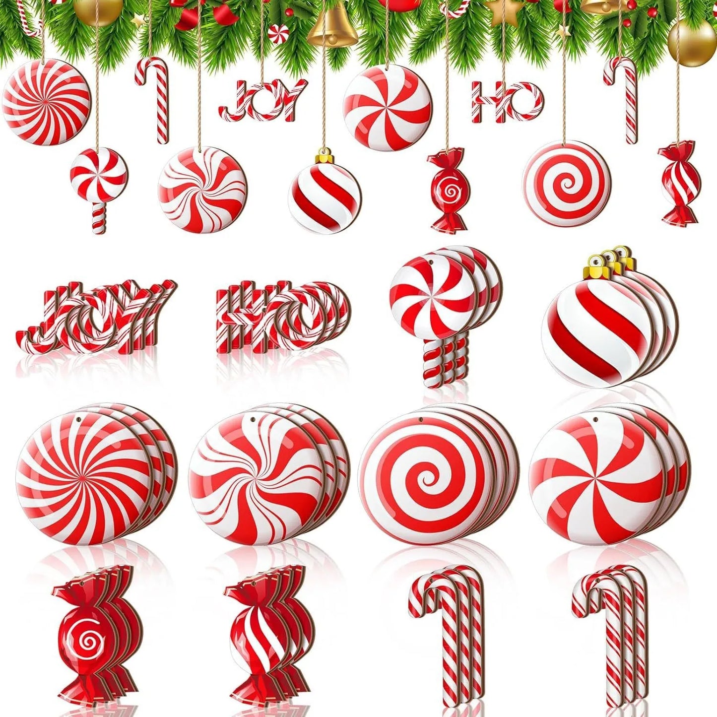 12PCS Wooden Christmas Candy Ornaments – Red & White Hanging Decorations for Tree, Home & New Year Party
