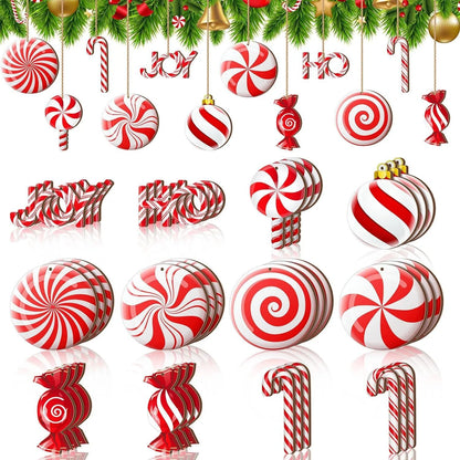 12PCS Wooden Christmas Candy Ornaments – Red & White Hanging Decorations for Tree, Home & New Year Party
