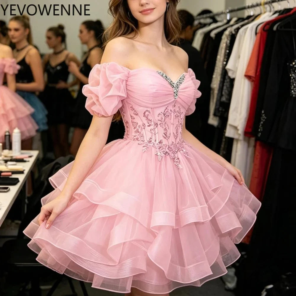 Beaded Lace Homecoming Dress - Short Tiered Tulle Sequin Prom & Quinceañera Gown