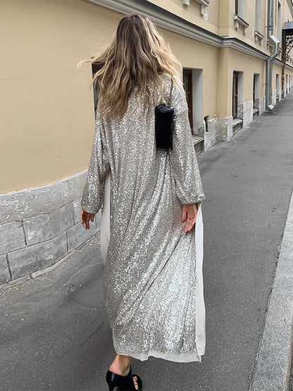 Women’s Sparkly Sequin Maxi Coat – Luxury Open Front Long Sleeve Outerwear