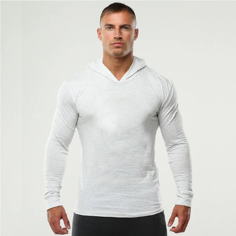 Men’s Slim Fit Gym Hoodie Long Sleeve – Breathable Cotton Fitness & Bodybuilding Sports T-Shirt